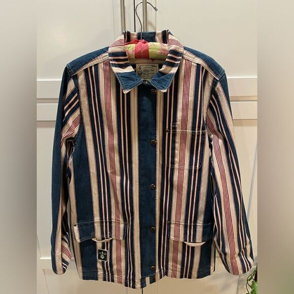 Lauren Jeans Company Denim Jacket Blue White Red Zipper Snap Size L 46”